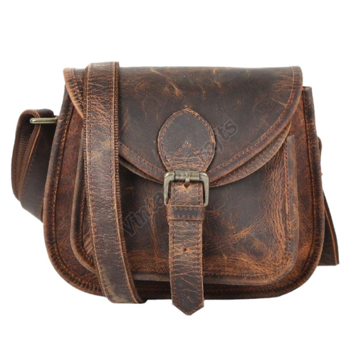 Ladies Pure Leather Sling Bag - Genuine Leather, Standard Size, Brown, Polished Finish | Overflap Buckle Closure, Shoulder Handles, Water Resistant, Durable and Comfortable