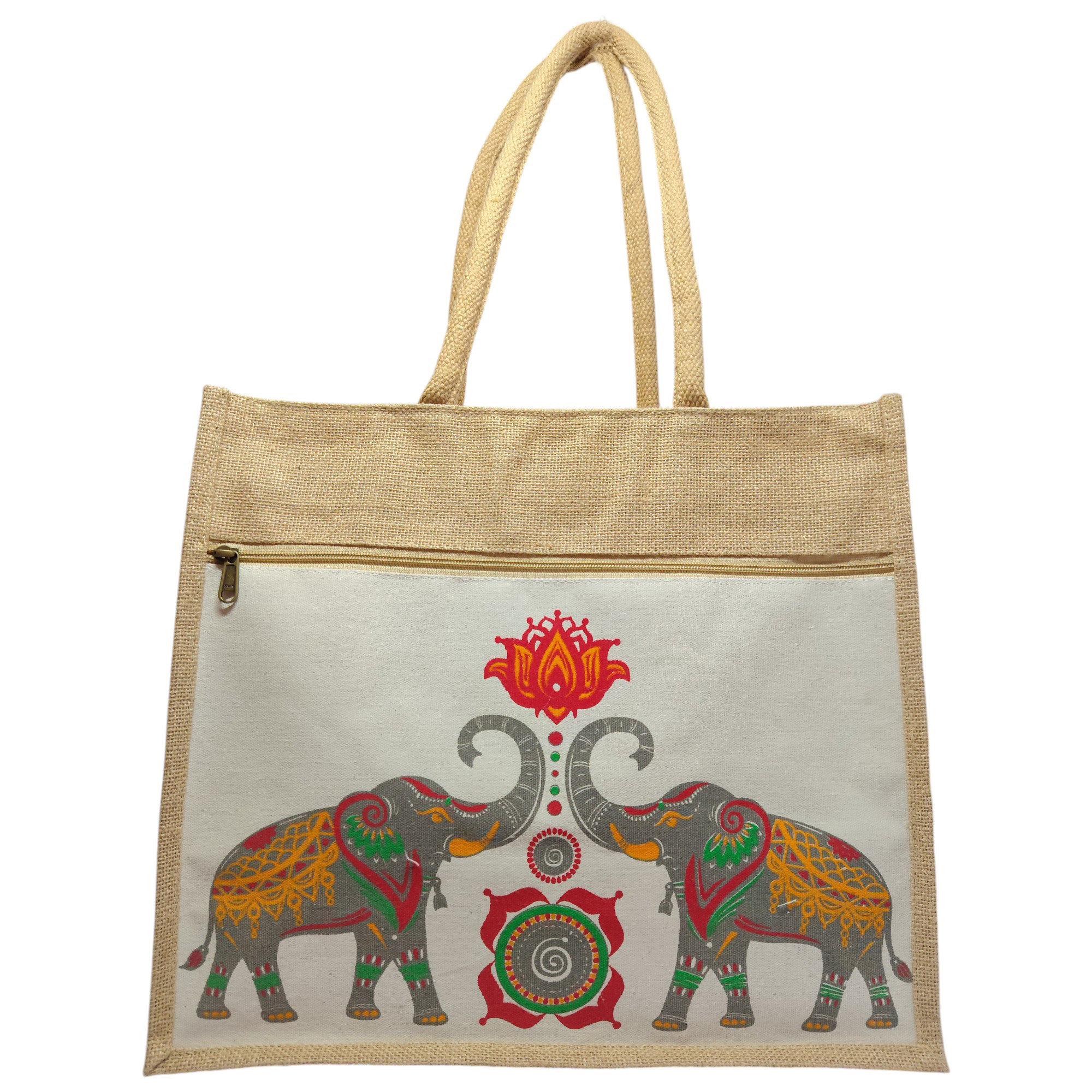 Ss 227 Jute Tote Bag With Printed Elephant Design - Color: Brown