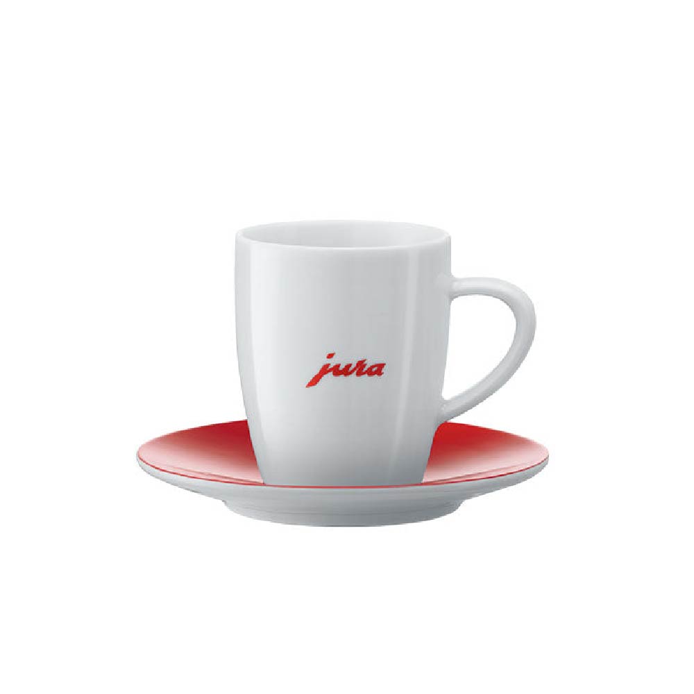 Jura Espresso Cups & Saucer - Color: White Rnd Red