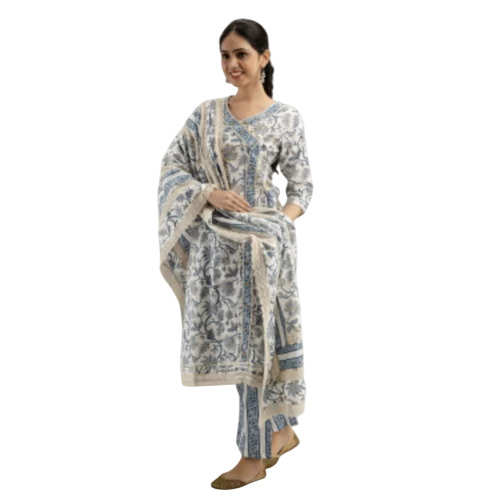 Cotton Kurti Pant And Heavy Dupatta Set With Lace And Hand Work