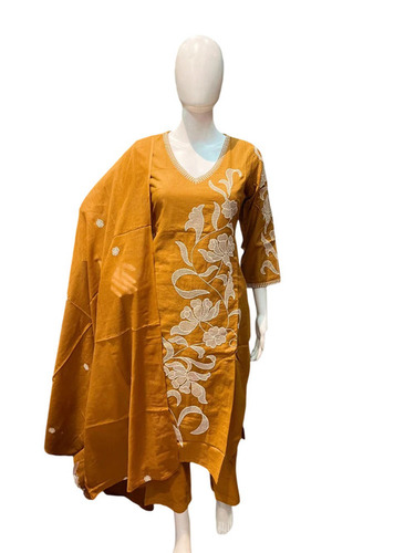 Embroidered Ladies Cambric Cotton Suit - Yellow Cambric Cotton, Full Sleeves, Ethnic Motifs, Comfortable No Fade