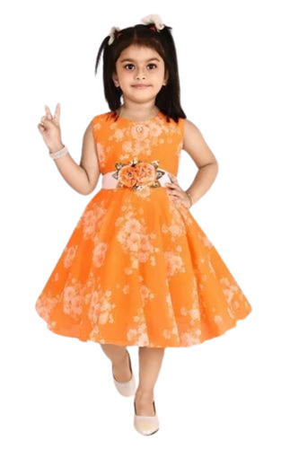 Girls Chiffon Orange Printed Frock
