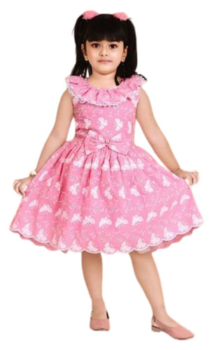 Girls Pink Cotton Printed Frock - Age Group: 5-7 Years