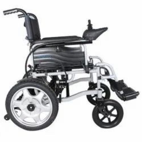 Power Wheelchair - Mild Steel, Standard Size, Black, Electric Drive | Four Wheels, Hand Operated Brakes, Corrosion Resistant, Portable, Maintenance Free