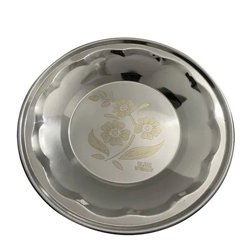 Stainless Steel Border Soup Plate - Stainless Steel, Silver, Printed Design | Durable, Polished Finish, Modern Utensil
