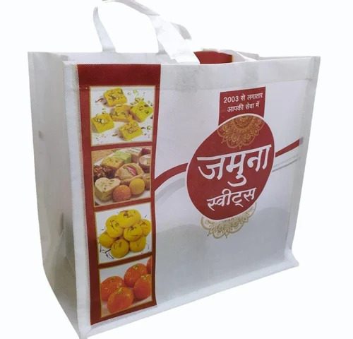 Off White Custom Printed Loop Handle Non Woven Bag - 10 Kg Capacity, Glossy Finish, Water Resistant, Eco Friendly