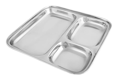 Stainless Steel Square Pav Bhaji Thali - Stainless Steel, Silver, Square | Polished Surface, Durable Compartmental Design