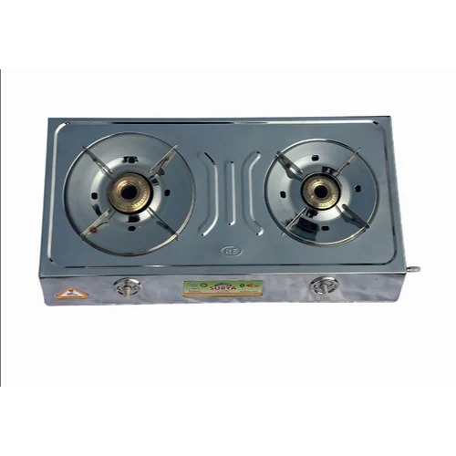 Kitchenmate Two Burner LPG Gas Stoves - Brass Burners, Silver, ISI Certified | Sleek, Space-Saving, Easy to Clean, Manual Ignition