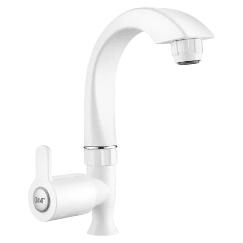 Gravity Ptmt Sink Cock - PTMT, Standard Size, White, Round | Glossy Finish, High Flow Rate, Wall Mounted, Durable