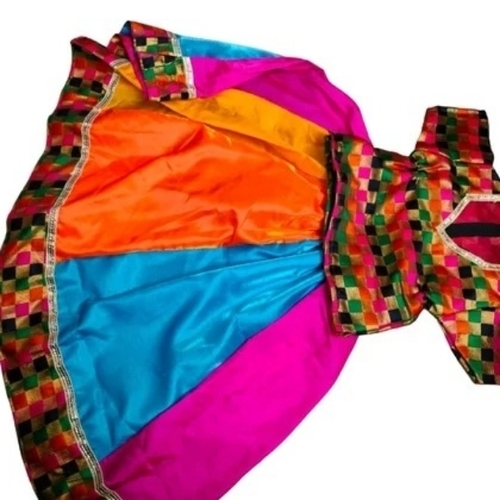 Girls Multicolor Dance Satin Ghagra Choli - Lightweight Fabric, Bright Pink Lehenga Choli, Embroidered Details, Elastic Waist, Matching Accessories