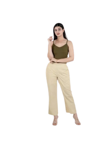 Ladies Beige Wide Leg Cotton Pants