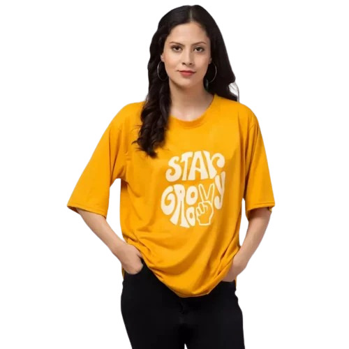 Yellow Cotton Ladies Oversize Printed T Shirt
