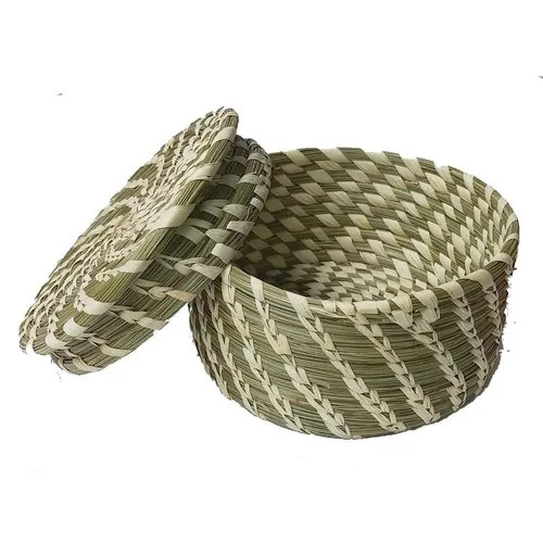 Handicraft Sabai Grass Small Storage Basket - Handmade Organic Material, Multicolor, Round with Lid, Eco-Friendly