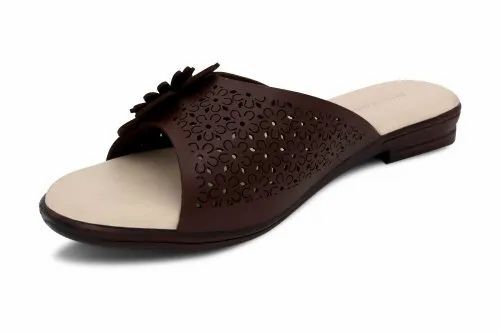 Ladies Casual Wear Sandal - Faux Leather, Size 7-10, Brown | Comfortable, Lightweight, Low Heel, Slip-On, Rubber Sole