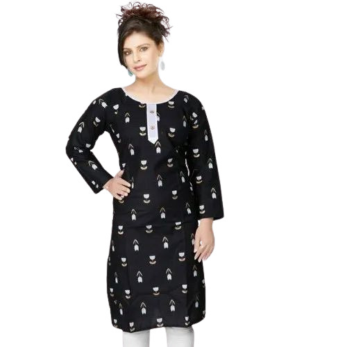 Black Cotton Kurti - XXL Size, Black, Printed | Breathable, Anti UV, Quick Dry, Comfortable Fit