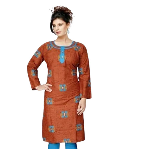 Brown Cotton Printed Kurti - XXL Size, Brown | Breathable, Anti Wrinkle, Quick Dry, Comfortable Fit