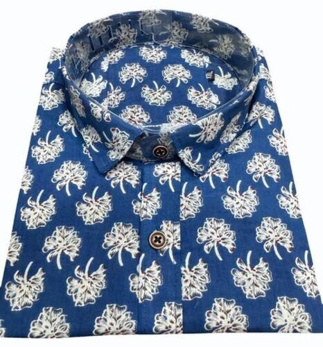 Men Blue Casual Wear Floral Sanganeri Printed Cotton Shirt