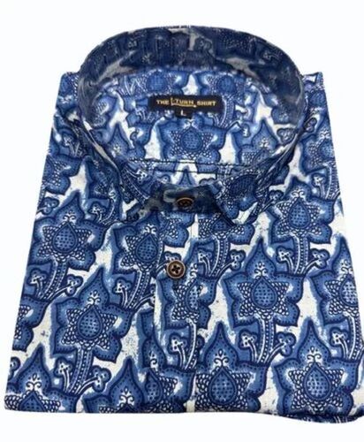 Men Blue Party Wear Floral Sanganeri Printed Cotton Shirt