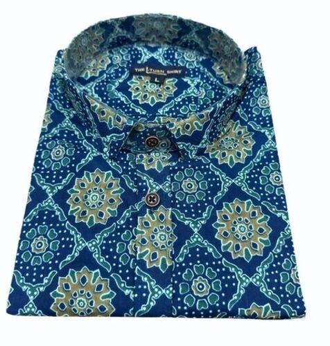 Men Casual Wear Floral Sanganeri Printed Cotton Shirt - Regular Fit, Dark Blue, Half Sleeve | Breathable, Anti UV, Quick Dry, Comfortable Fit