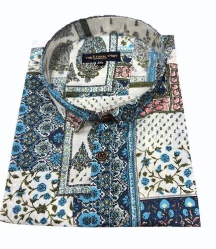 Men Cream Casual Wear Floral Sanganeri Printed Cotton Shirt - Half Sleeve, Regular Fit, Multi Color | Breathable, Anti Wrinkle, Quick Dry, Comfortable Fit
