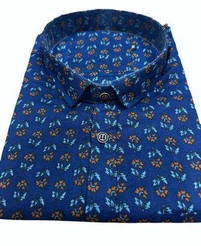 Men Dark Blue Party Wear Floral Sanganeri Printed Cotton Shirt