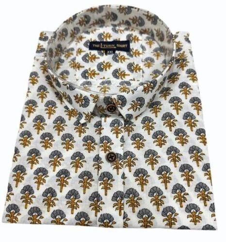 Men Off White Casual Wear Floral Sanganeri Printed Cotton Shirt