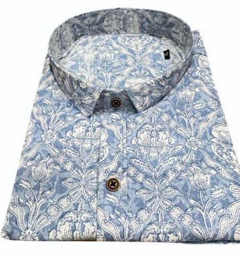 Men Snow White Party Wear Floral Sanganeri Printed Cotton Shirt