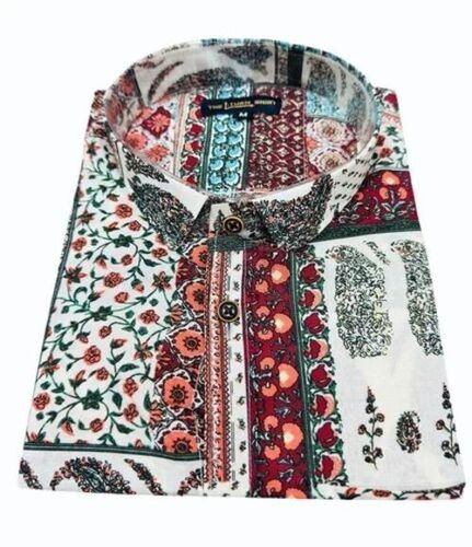 Men White Casual Wear Floral Sanganeri Printed Cotton Shirt
