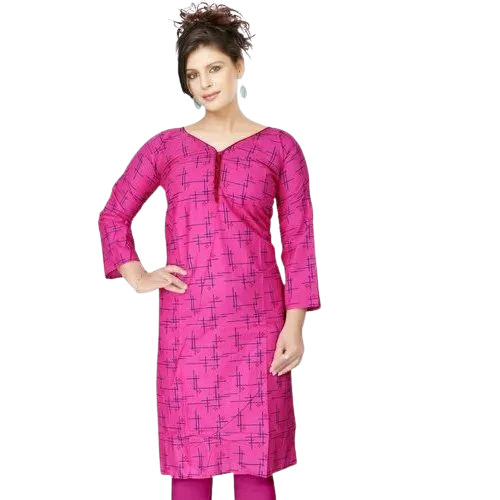 Pink Cotton Printed Kurti - Large, Pink, Cotton | Breathable, Anti UV, Quick Dry, Comfortable Fit