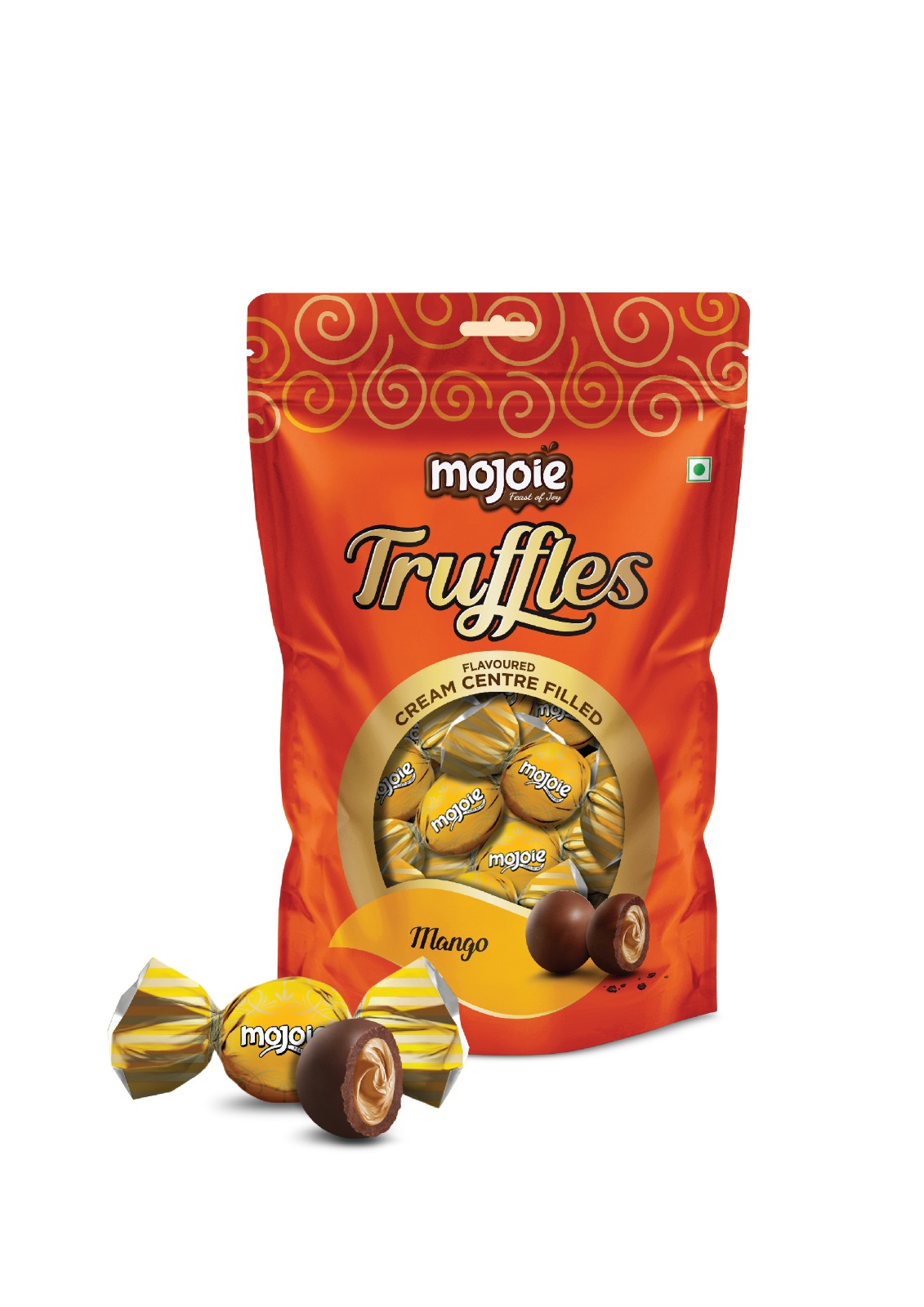 Mojoie Dt 295g Mango Chocolate Truffles 30 Nos Pack - 12g Each, Dark Brown Solid Pieces | Mango Flavour Filling, 24 Months Shelf Life