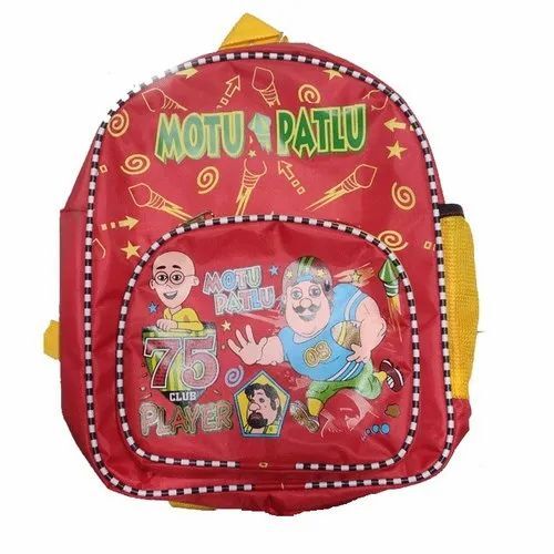 Motu Patlu Kids School Bag - Nylon, Standard Size, Red | Moisture Proof, Zipper Top Handle