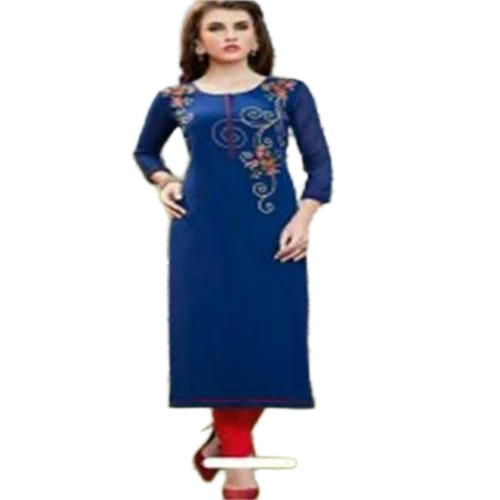Ladies Fancy Cotton Kurtis - Cotton, L-XL Sizes, Blue | Embroidered, Anti-Wrinkle, Breathable, Quick Dry, Soft