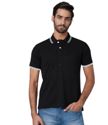 Men Black Polo Neck T Shirt - Poly Cotton, Large, Black, 180GSM | Lightweight, Quick Dry, Comfortable Fit