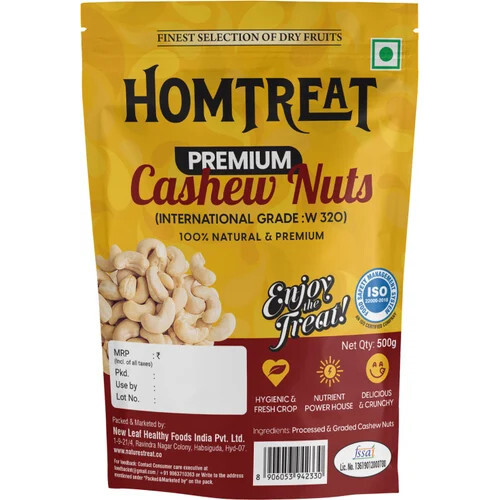 Homtreat Premium Cashew Nuts 500g - Raw White Kernels, Kidney Shape | Fresh Crunchy Texture, 12 Months Shelf Life
