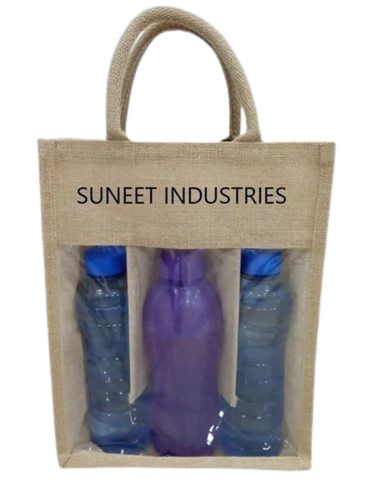 Recyclable Jute Bottle Bag - 3 Bottle Capacity, Brown, Plain Pattern | Handled, Eco Friendly, Durable, Fine Finished