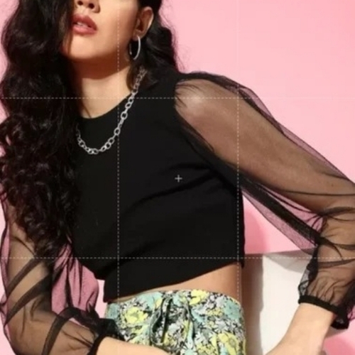 Ladies Midnight Black Net Crop Top - Sheer Lightweight Fabric, Breathable Fit, Trendy Elegant Design