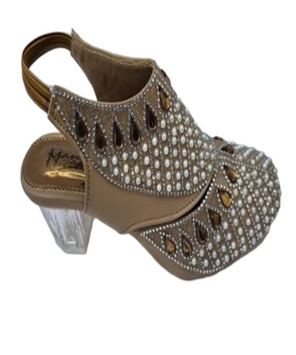 Brown White Ladies Heel Sandal - PU Medium Heel Size 7, Golden Fancy Design