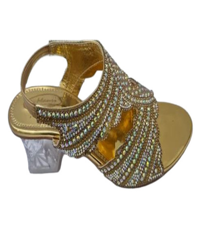 Golden Ladies Heel Sandal - PU Medium Heel Size 7, Golden Color, Lightweight Rubber Outsole