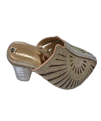 Rose Gold Beige Ladies Heel Sandal - PU Material, Medium Heel, Silver | Fancy Design, Lightweight, Multicolor Packaging