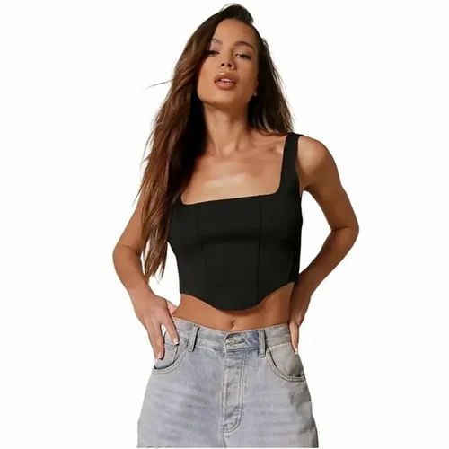 Ladies Charcoal Black Cotton Rib Knit Crop Top