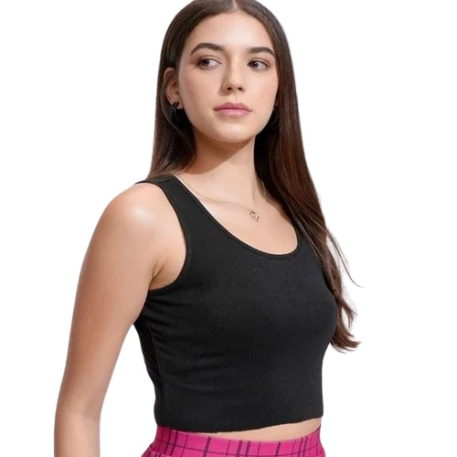 Ladies Midnight Black Cotton Rib Nit Crop Top
