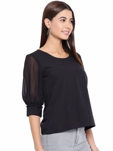 Ladies Sable Black Polyester Cuffed Top - Medium 3/4 Sleeve Regular Fit | Lightweight Soft Breathable Quick Dry