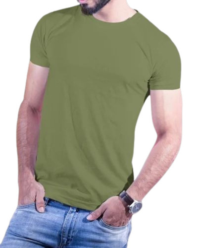 Men Army Green Plain Round Neck Cotton T Shirt