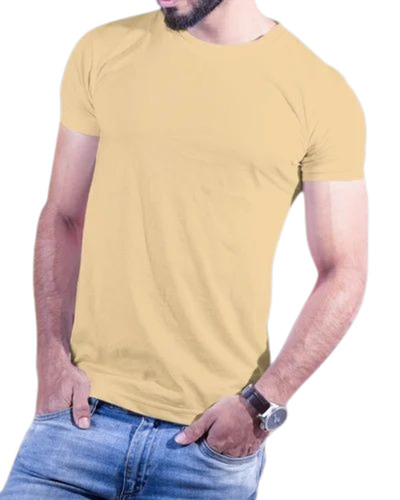 Men Beige Color Plain Round Neck T Shirt