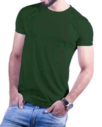 Men Bottle Green Plain Round Neck Cotton T Shirt