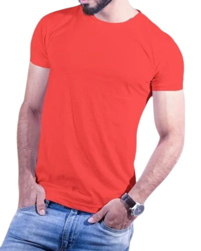 Men Red Plain Round Neck Cotton T Shirt