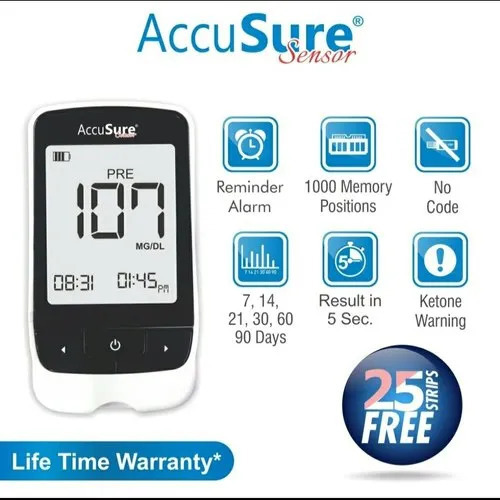 Accusure Sensor Gluco Meter - White, Digital Lcd Screen | Durable, Higher Level Of Accuracy, Battery Powered, Home & Clinical Monitoring