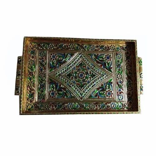 Golden Birch Wood Meenakari Serving Tray