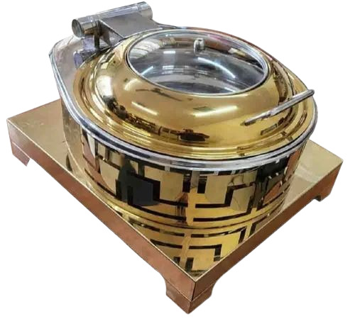 Round Golden Color Stainless Steel Chafing Dish - 6 Litre, 18 Inch Dia, Antique Design, Rust-Proof, Heat Resistant