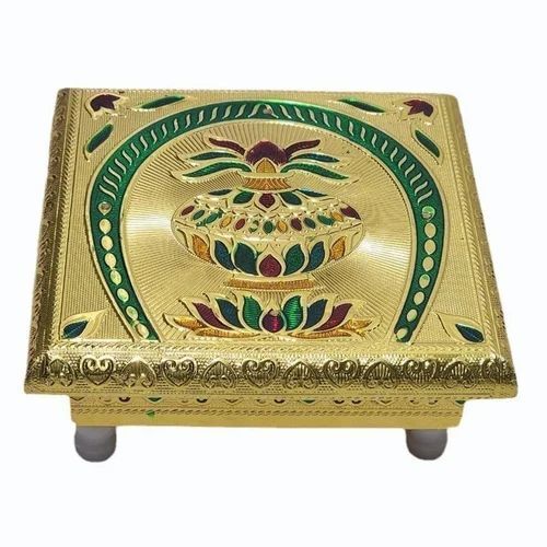 Golden Color Meenakari Chowki - Teak Wood, Customizable Size, Square, Golden Finish, Durable, Eco-Friendly, Lightweight